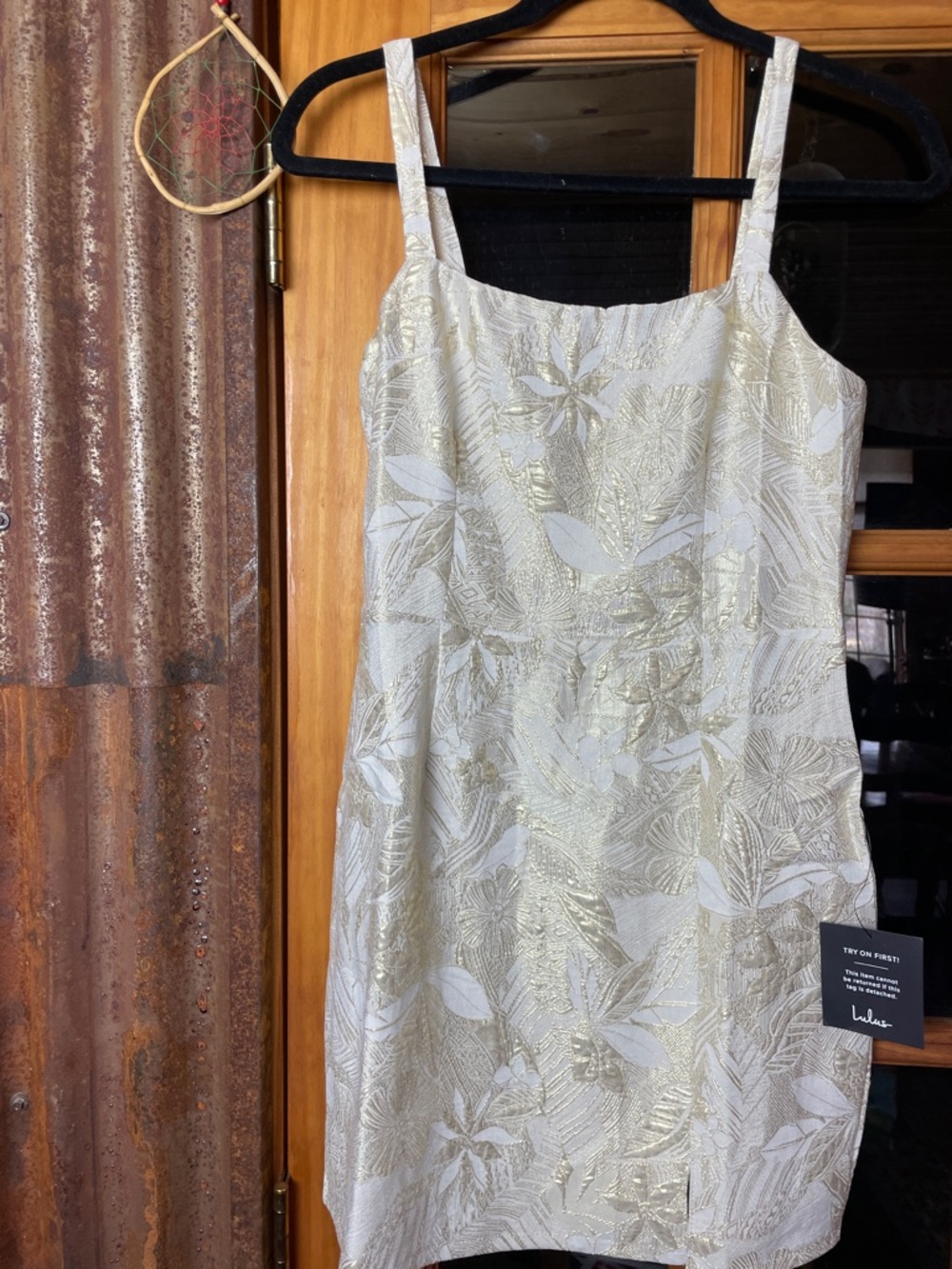 Lulu's White and Gold Floral Brocade Mini DressSize M